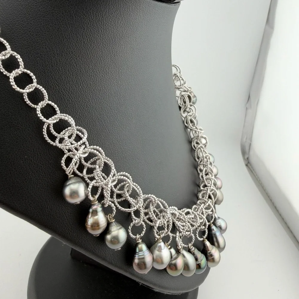 WW Grey Tahitian Pearl Sterling Silver 925 Dangle Fringe Bib Necklace